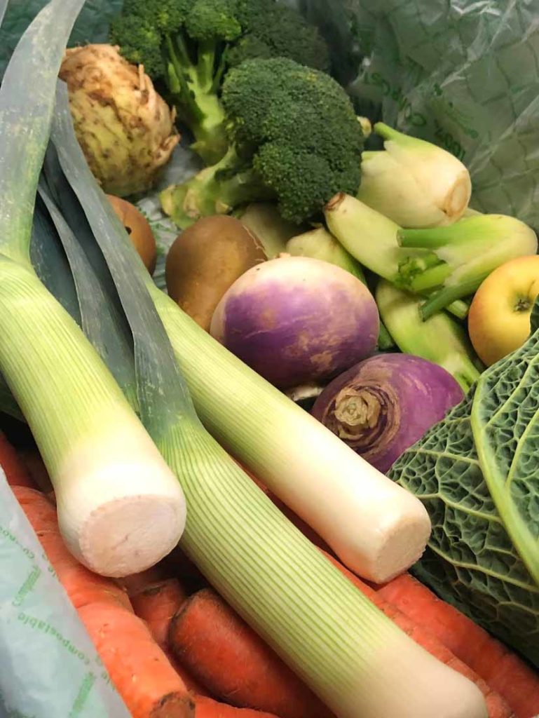 Assortiment coloré de légumes frais dans un panier, avec des poireaux et des carottes au premier plan, un chou frisé, des navets violets, du brocoli, et un céleri-rave. Reflétant la diversité des produits d'une récolte ou d'un marché fermier